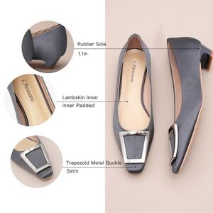 C.Paravano size 7 Dark Gray Satin Flats with Metal Buckle square toe low heels..